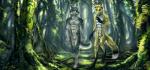 animal_genitalia anthro balls day detailed_background digitigrade duo forest fur genitals grass grey_body grey_fur male moss nude plant sheath smile standing tree yellow_body yellow_fur nukerooster canid canine canis fox mammal wolf 2016