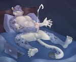 anthro balls bed big_muscles blep blue_body bodily_fluids computer cum cum_on_hand cum_on_own_hand cum_on_self ejaculation electronics feet foreskin furniture genital_fluids genitals humanoid_genitalia humanoid_penis laptop lying male masturbation muscular muscular_anthro muscular_male nude on_back on_bed pecs penis solo toes tongue tongue_out white_body fanofthefurr felid mammal pantherine absurd_res hi_res