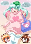 alternate_species anthro bag biped blush breasts clothing cutaway dialogue expression_cutaway eye_patch eyewear female glasses green_eyes green_hair group hair heart_pupils heart_symbol human_focus humanized legwear long_pigtails medium_breasts pink_clothing pink_sweater pink_topwear shocked speech_bubble sweater thigh_highs topwear trio white_clothing white_legwear white_thigh_highs alfa995 doe_(alfa995) mint_(alfa995) queen_(alfa995) deer domestic_cat felid feline felis human mammal 2025 digital_media_(artwork) hi_res