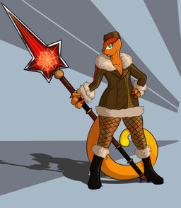 anthro biped clothed clothing cosplay fishnet_clothing fishnet_legwear green_eyes legwear male melee_weapon polearm solo standing weapon sevsartcave copyright_request kons chameleon lizard reptile scalie character_request hi_res