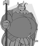 anthro belly blush bottomwear bulge clothing detailed_bulge genital_outline horn humanoid_hands male overweight overweight_anthro overweight_male pants penis_outline question_mark simple_background solo weapon deadanthro disney robin_hood_(disney) rhino_guard mammal rhinoceros 2021 monochrome