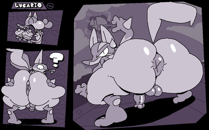 anthro anus backsack balls belly big_butt butt clothed clothing confusion curvy_figure genitals huge_butt humanoid_genitalia humanoid_penis male penis solo tail text superiorfox nintendo pokemon generation_4_pokemon lucario pokemon_(species) 2026 digital_drawing_(artwork) digital_media_(artwork) english_text flat_colors greyscale monochrome