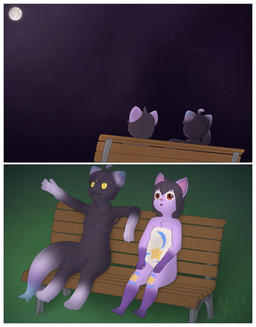 anthro belly big_tail border brown_hair duo featureless_chest featureless_crotch female fur hair male night purple_body purple_fur red_eyes simple_background sitting sky star starry_sky tail white_belly white_border yellow_eyes young jm-luxro cassiopeia_zephyrine nova_(jmluxro) goo_creature space_badger absurd_res comic hi_res
