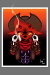abs aiming_at_viewer anthro cigar clothing cowboy cowboy_hat demon dual_wielding fur gremile_'hotshot' gun handgun hat headgear headwear hi_res holding_object holding_weapon horn horny_marco imp kerchief kings_of_hell male neckerchief pistol ranged_weapon red_body red_fur smoke smoking solo weapon