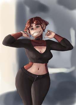 5_fingers anthro blue_eyes bottomwear breasts brown_body brown_fur brown_hair choker cleavage clothed clothing crop_top ear_piercing ear_ring female fingers fur hair jewelry navel necklace pants piercing ring_piercing shirt short_hair simple_background smile solo topwear redustheriotact chelsea_(redustheriotact) haplorhine mammal monkey primate 2023 absurd_res hi_res
