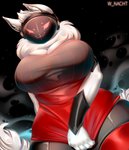 anthro big_breasts blush bodily_fluids breasts clothing clothing_pull covering covering_crotch female fingers fur genital_fluids hair huge_breasts legwear lips machine red_clothing red_eyes red_legwear red_sweater red_topwear simple_background smile solo sweater thick_thighs thigh_highs topwear winter_nacht mori_(umbra_saeculi) protogen absurd_res hi_res