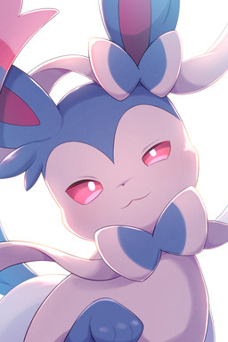 3_toes ambiguous_feral ambiguous_gender blue_body blue_ears blue_fur blue_tail bow_(anatomy) feet feral fur head_tilt kemono light looking_at_viewer mouth_closed multicolored_body multicolored_fur paws pink_eyes pink_inner_ear pink_nose pupils ribbons_(anatomy) smile smirk solo tail toes white_body white_fur white_pupils rumine nintendo pokemon eeveelution generation_6_pokemon mammal pokemon_(species) shiny_pokemon sylveon 2026 hi_res lighting shaded