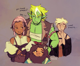 ambiguous_gender beard blonde_hair brown_hair clothed clothing facial_hair female fully_clothed green_body green_skin group hair humanoid_pointy_ears male muscular not_furry pointy_ears simple_background smile text topwear daftpatience drawfee_(copyright) drawtectives eugene_finch grendan_highforge gyorik_rogdul rose_(drawtectives) dwarf human humanoid mammal orc digital_media_(artwork) sketch nonbinary_(lore)