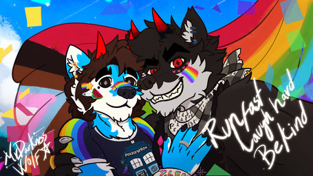 anthro clothing duo jewelry kerchief lgbt_pride male male/male pride_color_clothing pride_colors romantic romantic_couple selfie shemagh mrdarknesswolf british_broadcasting_corporation doctor_who lgbt_pride_month dantalos mrdarknesswolf_(character) canid canine canis demon hybrid mammal wolf 16:9 hi_res widescreen