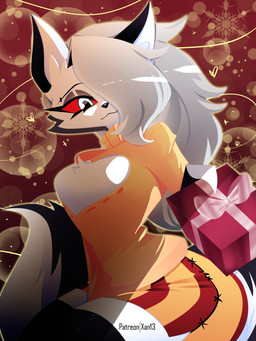 anthro black_eyeshadow bottomwear chest_tuft cleavage_cutout clothing cutout eyebrow_piercing eyebrows eyeshadow facial_piercing female fur gift grey_body grey_fur hair hair_over_eye legwear makeup orange_bottomwear orange_clothing orange_skirt orange_sweater orange_topwear piercing red_sclera skirt snowflake solo stockings sweater thigh_highs topwear tuft turtleneck white_body white_eyes white_fur white_hair xan-gelx hellaverse helluva_boss mythology loona_(helluva_boss) canid canid_demon canine demon hellhound mammal mythological_canine mythological_creature hi_res