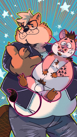 anthro bottomwear bulge clothing duo male micro overweight overweight_male pants shirt size_difference surprised topwear underwear riversausage eminem_throw beaver mammal mouse murid murine rodent 2025 9:16 hi_res meme