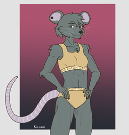 anthro belly bra breasts cheek_tuft clothing ear_piercing ear_ring ears_up facial_tuft female fluffy muscular muscular_female piercing rat_tail ring_piercing smile solo tail tuft underwear wide_hips kotani mammal murid murine rat rodent hi_res