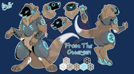 4_fingers 4_toes anthro blue_pawpads emote feet fingers fluffy long_tail machine male pawpads screen screen_face shortstack solo tail toes toothy_grin hybrid mammal mustelid otter protogen alpha_channel hi_res model_sheet