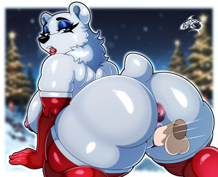 all_fours anthro anthro_penetrated anus areola armwear back_boob balls big_butt biped blue_eyelids blurred_background breasts butt clothed clothing disembodied_penis duo elbow_gloves eyelashes female female_penetrated fur genitals glistening glistening_body glistening_breasts glistening_butt glistening_thighs gloves handwear huge_butt huge_thighs latex latex_armwear latex_clothing latex_elbow_gloves latex_gloves latex_handwear latex_legwear latex_thigh_highs legwear lips looking_back male male/female male_penetrating male_penetrating_female nipples outside penetration penile penile_penetration penis penis_in_vagina puffy_anus pupils red_armwear red_clothing red_elbow_gloves red_gloves red_handwear red_latex red_legwear red_lips red_thigh_highs sex short_tail solo_focus tail thick_thighs thigh_highs vaginal vaginal_penetration vulva white_body renegade-157 bear mammal polar_bear ursine 2025 hi_res