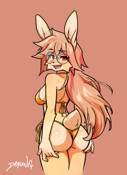 bikini blush butt clothing eyewear female glasses hair long_hair looking_at_viewer looking_back looking_back_at_viewer open_mouth red_eyes standing swimwear two-piece_swimsuit dragonfu lagomorph leporid mammal rabbit hi_res