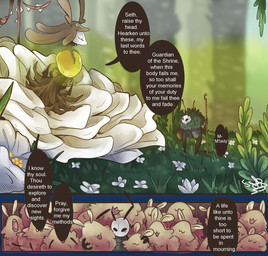 2_panel_comic antennae_(anatomy) anthro black_eyes closed_smile dialogue duo empty_eyes eyelashes eyes_closed female flower fur holding_melee_weapon holding_object holding_weapon male melee_weapon mouth_closed open_mouth plant question_mark sharp_teeth smile speech_bubble talking_to_another teeth text weapon white_flower white_text ssleepyflowers hollow_knight:_silksong hollow_knight_(franchise) team_cherry nyleth seth_(hollow_knight:_silksong) elemental_creature flea_(hollow_knight:_silksong) flora_fauna 2025 absurd_res comic english_text hi_res