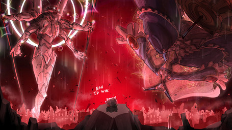 4_arms 5_fingers ambiguous_gender armor city city_destruction clothing cogwheel debris destruction detailed_background dialogue dress female fingers floating glowing glowing_eyes halo holding_melee_weapon holding_object holding_polearm holding_spear holding_weapon jewelry lipstick looking_at_another makeup male melee_weapon multi_arm multi_limb open_mouth polearm pose rock shadow spear talking_to_self text translucent translucent_clothing weapon white_body ebora nah_i'd_win neon_genesis_evangelion ponos_corp. puella_magi puella_magi_madoka_magica the_battle_cats boulder_cat eva_unit_13 walpurgisnacht_(puella_magi) elemental_creature felid feline humanoid mammal mineral_fauna rock_creature 16:9 2025 absurd_res digital_drawing_(artwork) digital_media_(artwork) english_text hi_res pink_theme shaded widescreen