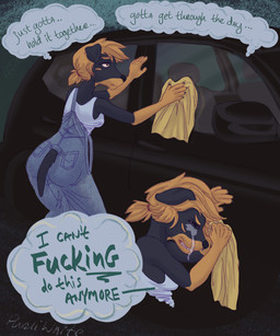 5_fingers accessory angst anthro black_and_tan black_body black_fur bodily_fluids brown_eyes car car_wash car_window claws crying detailing dialogue female fingers floppy_ears fur hair hair_accessory hairband orange_hair ponytail rag short_tail solo stressed tail tears text thought_bubble vehicle purliwhite raylee_(purliwhite) canid canine canis domestic_dog mammal mastiff molosser rottweiler comic english_text hi_res