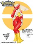 anthro avian biped bird blaziken breasts english_text feathers female generation_3_pokemon le_eh looking_at_viewer nintendo non-mammal_breasts pokeball pokeball_background pokemon pokemon_(species) red_body red_feathers simple_background solo standing text yellow_body yellow_feathers
