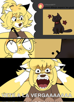 3_panel_comic accessory ambiguous_gender anthro arms_bent bangs black_background black_body black_eyes black_fur black_inner_ear blonde_hair brown_clothing brown_hair_tie brown_nose brown_shirt brown_tank_top brown_topwear clothed clothed_anthro clothed_female clothing dialogue dipstick_ears dot_eyes drawing_pen ear_markings eyebrow_through_hair eyebrows female feral floppy_ears freckled_face freckles fur hair hair_accessory hair_tie hand_on_head heart_(marking) holding_drawing_pen inner_ear_fluff looking_at_viewer markings medium_hair multicolored_body multicolored_ears multicolored_fur open_mouth panicking red_tongue sharp_teeth shirt simple_background simple_eyes solo tank_top teeth text thin_eyebrows tongue topwear translucent translucent_hair tuft two_tone_body two_tone_fur username white_background white_body white_ear_tips white_fur white_inner_ear_fluff white_markings wolflly10 dc_comics suicide_squad daisy_(wolflly10) joker_(suicide_squad) canid canine canis domestic_cat felid feline felis mammal red_wolf wolf 2024 colored comic digital_media_(artwork) english_description hi_res meme shaded spanish_text translated