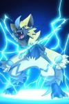 3_toes 4_fingers ambiguous_gender anthro claws electricity electricity_manipulation elemental_manipulation feet fingers fur multicolored_body open_mouth pawpads sharp_teeth solo teeth toes tongue yellow_body yellow_fur katahane3 nintendo pokemon generation_7_pokemon legendary_pokemon pokemon_(species) zeraora 2019 2:3 cool_colors hi_res