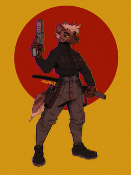 anthro belt_pouch boots clothing ears_up female footwear gun hair holding_gun holding_katana holding_melee_weapon holding_object holding_ranged_weapon holding_sword holding_weapon jacket katana melee_weapon raised_arm ranged_weapon shoes solo sword tail topwear weapon white_hair yellow_eyes mawkvlt chayma_yeen_(mawkvlt) hyena mammal 3:4 hi_res