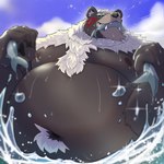 anthro belly big_belly black_body black_fur eating fishing fur kemono male moobs musclegut muscular navel nipples outside overweight overweight_male pecs solo water freakinglargeoof ikinarumi lifewonders tokyo_afterschool_summoners wen_kamui_(tas) bear fish mammal marine 1:1 2022 absurd_res hi_res