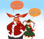 2016 anthro averyshadydolphin big_breasts breasts christmas clothing dragon dress duo english_text eyebrows eyewear female fur glasses hat headgear headwear hi_res holidays horn jou long_eyebrows mythological_creature mythological_scalie mythology non-mammal_breasts open_mouth orange_body orange_fur scalie sokajou terrajou text thick_thighs yellow_body yellow_fur