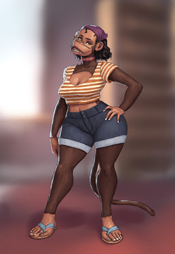 5_fingers 5_toes anthro black_hair bottomwear braces breasts brown_body brown_fur buckteeth choker cleavage clothed clothing colored_nails denim denim_bottomwear denim_clothing denim_shorts digit_ring ear_piercing eyewear feet female fingers footwear fur glasses hair hand_on_hip jewelry kerchief lips looking_away nails navel necklace orange_eyes pants piercing ring sandals shirt shoes short_hair shorts smile solo standing t-shirt tail teeth thick_lips thick_thighs toe_ring toes topwear white_nails wide_hips redustheriotact greta_(redustheriotact) haplorhine mammal monkey primate 2023 absurd_res hi_res