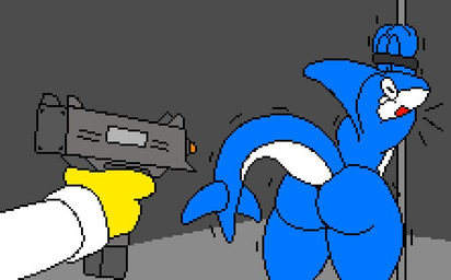 arms_tied big_butt bodily_fluids bound butt clothing duo gun holding_gun holding_object holding_ranged_weapon holding_weapon looking_at_another male open_mouth pole ranged_weapon scared shirt simple_background tears topwear weapon white_body white_clothing white_shirt white_skin white_topwear yellow_body yellow_skin toongstar nimble_(toongstar) aquatic fish shark