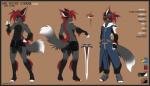 anthro biped black_border boots border canid canine clothed clothing coat conditional_dnp costume digital_media_(artwork) english_text exposure_variation felid fluff-kevlar footwear fur grey_body grey_fur hair hi_res hybrid male mammal melee_weapon model_sheet nytro_(fluff-kevlar) red_hair scar science_fiction shoes solo sword text topless topwear underwear visor weapon