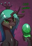 blush crown dialogue egg female feral green_blush green_eyes green_hair hair headgear looking_at_viewer slime smile solo text wings underpable friendship_is_magic hasbro my_little_pony queen_chrysalis_(mlp) arthropod changeling absurd_res english_text hi_res translated