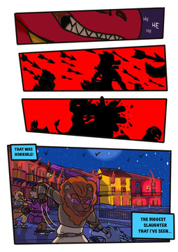 anthro archer blood bodily_fluids cursed fantasy female fight fire group male melee_weapon night polearm spear sword village villainess weapon garrus368 bear canid canine canis felid humanoid lion mammal pantherine wolf comic hi_res