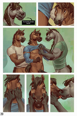 animal_genitalia animal_penis anthro barbell_piercing circular_barbell_piercing comic_panel dazed dialogue ear_piercing ear_ring equine_genitalia equine_penis erection facial_piercing genitals group kiss_on_lips kissing male male/male multiple_piercings nose_piercing penis piercing ring_piercing septum_circular_barbell septum_piercing text trio selezneva equid equine horse mammal 2:3 comic english_text hi_res