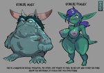 big_breasts big_ears blue_body blue_skin breasts curvy_figure duo female green_body green_hair green_skin grey_background hair horn humanoid_pointy_ears humor male nipples not_furry nude pointy_ears purple_hair sexual_dimorphism short_stack simple_background text thick_thighs magsama goblin humanoid 2022 english_text