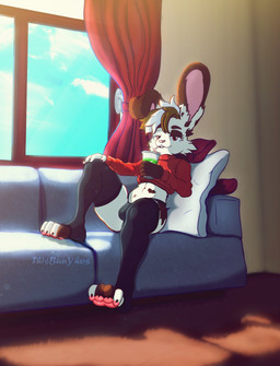 anthro beverage bulge clothing crop_top femboy furniture legwear male male/male milkshake red_clothing red_eyes shirt sofa stockings tan_body topwear window thisbunyhos caramel_(thisbunyhos) lagomorph leporid mammal rabbit absurd_res hi_res