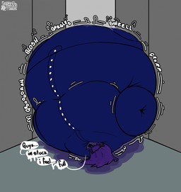 anthro belly belly_expansion belly_inflation berry_juice beverage biped blue_body blue_fur blue_hair blueberry_inflation blueberry_juice body_inflation clothed clothing dialogue drip_effect dripping_speech_bubble expansion expansion_sound_effect fur hair immobile inflation inside juice_(beverage) linked_speech_bubble logo long_hair male moobs motion_lines solo sound_effects speech_bubble spherical_inflation stuck sunken_limbs text upside_down baelnesh chrome_(chromeshine350) canid canine canis mammal wolf 2025 artist_logo dated english_text hi_res