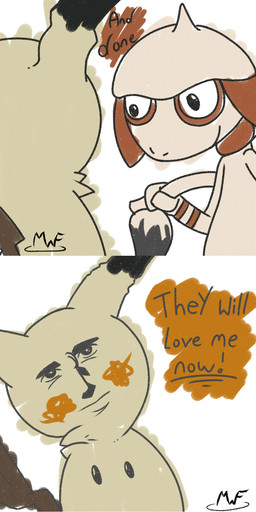 ambiguous_gender black_eyes blush brown_body brown_fur clothing costume feral fur humor paint simple_background smile speech_bubble text white_background mysterywhiteflame nintendo pokemon yaranaika generation_2_pokemon generation_7_pokemon ghost mammal mimikyu pokemon_(species) smeargle spirit 1:2 comic english_text hi_res meme