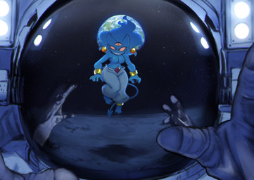 3_eyes anthro blue_body bottomwear breasts clothed clothing creepy_face creepy_smile earth featureless_breasts female floating group jewelry male moon multi_eye on_the_moon oversized_bottomwear oversized_clothing oversized_pants pants planet smile space spacecraft spacesuit topless topless_female topless_humanoid trio vehicle duppio mixie_(duppio) animal_humanoid felid felid_humanoid feline feline_humanoid humanoid mammal mammal_humanoid hi_res