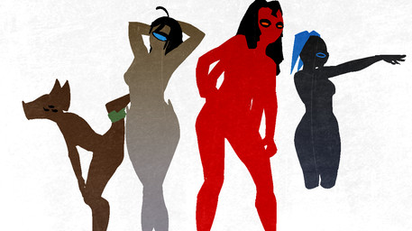 1_eye 6_eyes black_body black_eyes black_hair black_skin blue_eyes blue_hair breasts brown_body brown_fur butt cybernetics female flying fur group hair larger_female machine multi_arm multi_eye multi_limb muscular muscular_female not_furry nude orange_eyes simple_background size_difference smaller_female spikes white_background bromeliad enemy_quest tgchan bika grightogot_grzgkahk megumi_9x542 polyphema alien cyborg cyclops floater_(species) garakton humanoid mammal oculot skut 2016