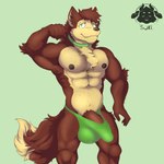 anthro areola balls_outline big_bulge big_penis biped bulge clothing detailed_bulge fur genital_outline genitals green_eyes jewelry male male_anthro muscular muscular_anthro muscular_male necklace nipples penis penis_outline pube_peek pubes solo squish underwear wolf_tail sukibrillitos krankydrack canid canine fox hybrid mammal 1:1 absurd_res hi_res