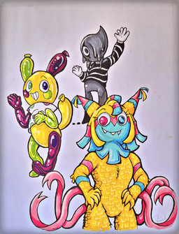 anthro balloon balloon_animal female gesture group hands_on_hips inflatable ink male mime pinata smile standing trio waving deidad_dissitum blushcrunch_studio dandy's_world roblox blot_(dandy's_world) looey_(dandy's_world) yatta_(dandy's_world) animate_inanimate inkblot living_balloon living_inflatable living_pinata toon_(dandy's_world) hi_res traditional_media_(artwork)