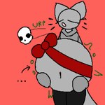 4-bit after_vore airborne_bone airborne_object airborne_skull ambiguous_anthro ambiguous_gender ambiguous_pred ambiguous_prey anthro anthro_pred belly belly_squish big_belly biped black_clothing black_legwear black_text bone bone_disposal bow_ribbon burping burping_up_bones burping_up_object burping_up_skull clothed clothed_ambiguous clothed_anthro clothing contextual_arrow death digestion directional_arrow ears_up ellipsis exposed_belly eyes_closed fatal_vore floating_whiskers front_view fully_inside fur gift_bow green_text grey_belly grey_body grey_clothing grey_ears grey_face grey_fur grey_neck grey_sweater grey_tail grey_topwear hand_on_belly hand_on_own_belly hands_on_own_belly holding_belly huge_belly legs_together legwear long_sleeves monotone_background monotone_belly monotone_body monotone_bow monotone_clothing monotone_face monotone_fur monotone_legwear monotone_neck monotone_ribbon monotone_sweater monotone_tail monotone_topwear motion_lines navel noseless onomatopoeia open_mouth path_lines pointy_ears prick_ears red_background red_ribbon regurgitation ribbon_around_belly same_size_vore simple_background skull sleeves_past_wrists soft_vore solo sound_effects squish sweater tail text topwear unseen_prey vore tcsrjx emily_(tcsrjx) domestic_cat felid feline felis mammal 1:1 2023 aliasing digital_drawing_(artwork) digital_media_(artwork) english_description flat_colors hi_res portrait three-quarter_portrait female_(lore)