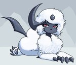 absol claws commonbleat dark_body dark_skin eyeshadow female feral fluffy fur generation_3_pokemon hair horn lying makeup mammal mountain narrowed_eyes nintendo pokemon pokemon_(species) red_eyes snow solo white_body white_fur white_hair white_sclera