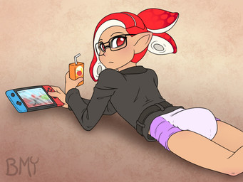 clean_diaper clothed clothing diaper electronics eyewear game_console glasses humanoid_pointy_ears juice_box looking_at_viewer looking_back looking_back_at_viewer male pantsless pantsless_humanoid pantsless_male pointy_ears pseudo_hair pull-ups_(diaper) red_eyes solo tentacle_hair tentacles wearing_diaper wearing_glasses big_mama_yena nintendo nintendo_switch splatoon inkling_boy animal_humanoid aquatic aquatic_humanoid cephalopod cephalopod_humanoid humanoid inkling mollusk mollusk_humanoid squid_humanoid 2022 4:3 digital_drawing_(artwork) digital_media_(artwork)