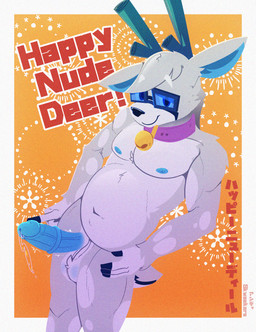 4_fingers anthro antlers bell bell_collar blue_antlers blue_body blue_eyewear blue_fur blue_glans blue_glasses blue_inner_ear blue_inner_ear_fluff blue_nipples blue_penis border chest_tuft collar erection eyewear fingers fireworks fur genitals glans glasses gloves_(marking) grey_body grey_fur grey_hair hair hand_on_hip hooved_fingers hooves horn humanoid_genitalia humanoid_penis hybrid_genitalia hybrid_penis inner_ear_fluff looking_at_viewer looking_up male markings medial_ring medial_ringed_humanoid_penis medial_ringed_hybrid_penis mostly_nude nervous nervous_smile nipples penis purple_collar slightly_chubby slightly_chubby_anthro slightly_chubby_male smile solo spots spotted_body spotted_fur text tuft vein veiny_penis white_body white_border white_fur white_spots skweekers happy_nude_deer spot_(skweekers) deer mammal english_text hi_res
