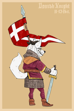 anthro armor black_nose boots border chainmail clothing danish_flag denmark ears_up flag flag_(object) footwear fur hair holding_melee_weapon holding_object holding_polearm holding_spear holding_sword holding_weapon horn looking_at_viewer looking_back looking_back_at_viewer male medieval medieval_armor medieval_clothing melee_weapon polearm shoes simple_background smile smiling_at_viewer solo spear sword tail weapon white_body white_fur white_hair yellow_border yellow_eyes mawkvlt canid mammal 2:3 digital_media_(artwork) hi_res