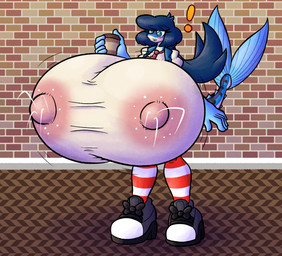 anthro beverage big_breasts blue_body blue_eyes blue_hair blush bodily_fluids breasts clothing coffee coffee_cup container cup exclamation_point female footwear hair huge_breasts hyper hyper_breasts lactating lactation_through_clothes legwear necktie pattern_clothing pattern_legwear pattern_stockings shoes solo stockings striped_clothing striped_legwear striped_stockings stripes topwear vest wet wet_clothing sprucy mackenzie_(sprucy) fish mackerel marine scombrid scombriform