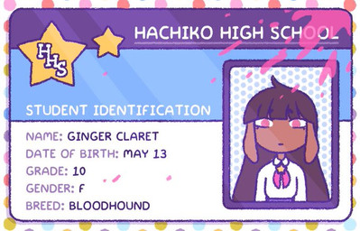 anthro bangs blood blood_splatter bodily_fluids brown_body brown_fur brown_hair clothing collared_shirt female fur hair kerchief long_ears long_hair looking_at_viewer neckerchief neckwear pink_eyes shirt solo star text topwear white_clothing white_shirt white_topwear 90percentdenny 90_percent_studios purrfect_apawcalypse ginger_claret bloodhound canid canine canis domestic_dog hunting_dog mammal scent_hound english_text