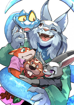 anthro blue_body blue_scales brown_body brown_fur coiling coiling_another coiling_group fangs female feral fur green_eyes grey_body grey_fur group happy hug male missing_fang orange_body orange_fur pointy_ears purple_eyes rabbit_ears scales smile teeth yellow_eyes kawatoo00119 disney zootopia gary_de'snake judy_hopps nibbles_maplestick nick_wilde pawbert_lynxley beaver canada_lynx canid canine european_rabbit felid feline fox lagomorph leporid lynx mammal oryctolagus pit_viper rabbit red_fox reptile rodent scalie snake true_fox viper hi_res